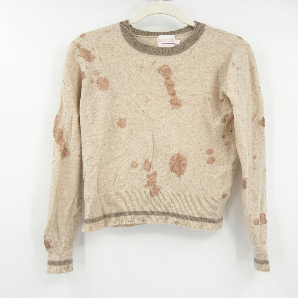 Brodie Womens Cashmere Metallic Foil Splatter Luxury Crewneck Sweater Size XS